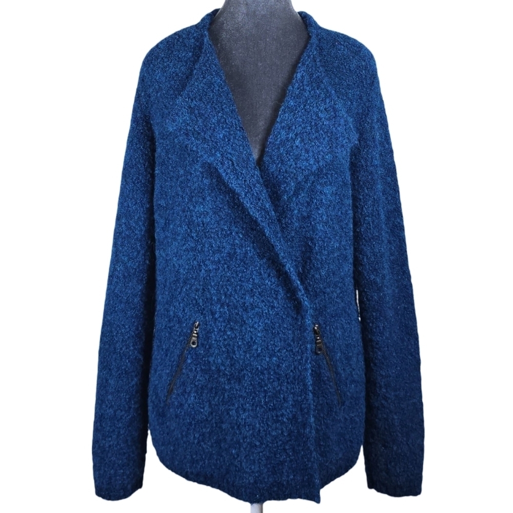 ​Alpaca Golden 100% Baby Alpaca Blue Bouclé Knit Cardigan Mock Pocket Sweater L